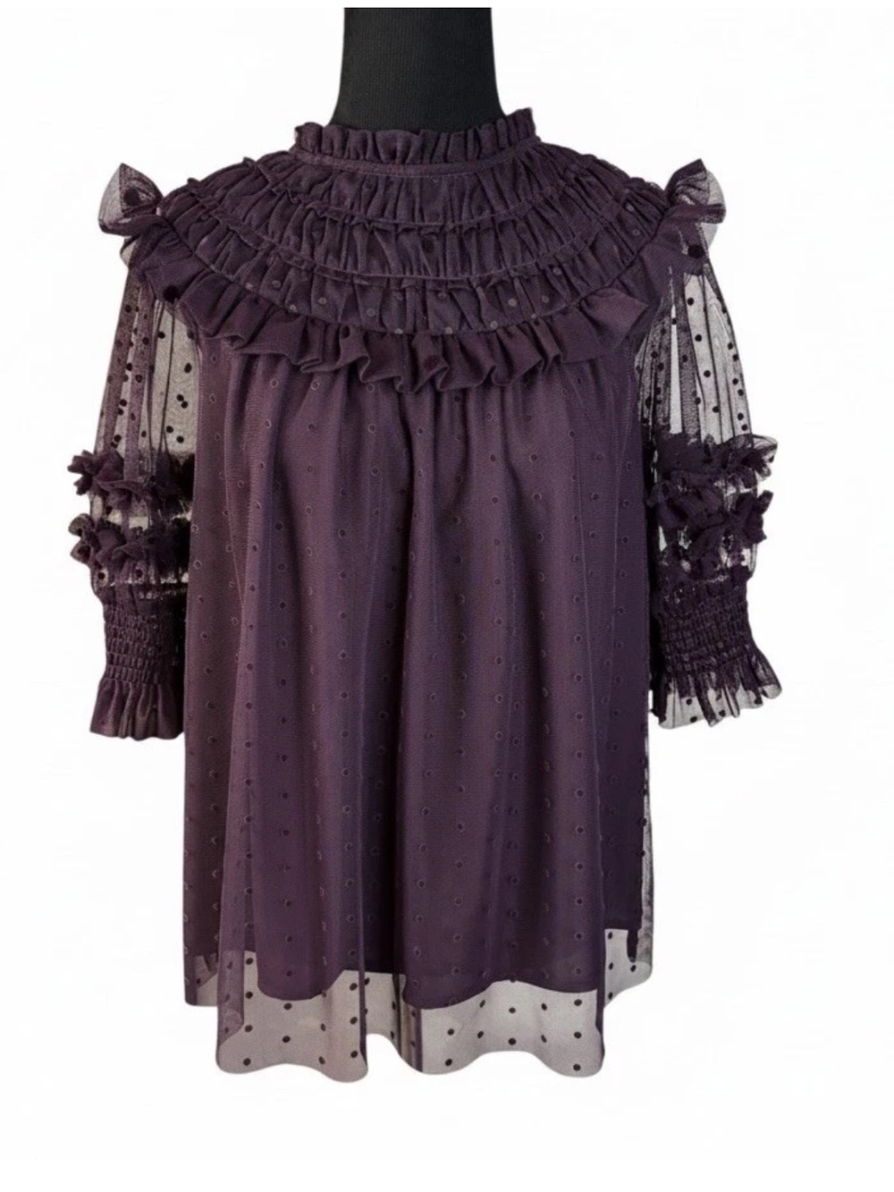 Boden Purple Tulle Blouse in size US 10 Short Sleeve Ruffle Collar Polka Dot